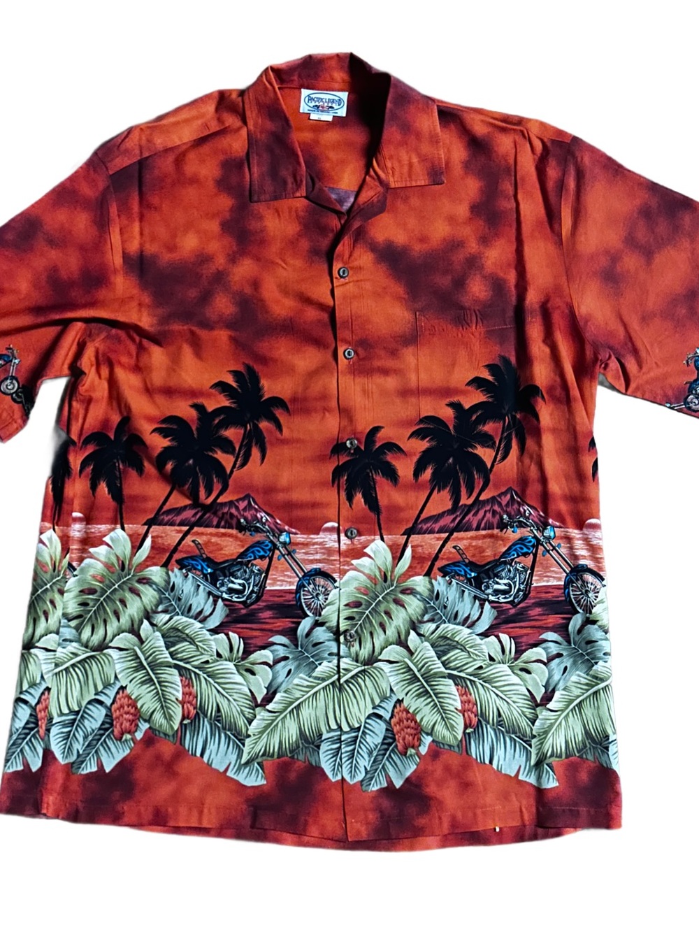 Pacific Legend Apparel ~ Men’s X-Large ~USA ~ Orange Hawaiian Shirt W/Motorcycle